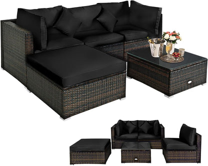 5 pieces of outdoor patio furniture, L-shaped rattan three-seater sofa with tempered glass coffee table, footstool, 3 single chairs, rattan outdoor party set, suitable for backyard, porch, balcony, black version