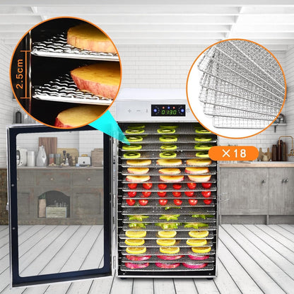 Touch screen 18-Floor Stainless Steel Food Dehydrator, Adjustable Timer and Temperature, 18 Racks, Dryer for Jerky, Meat, Fruits, herbs, tea, sourdough starter and Vegetables and lot more