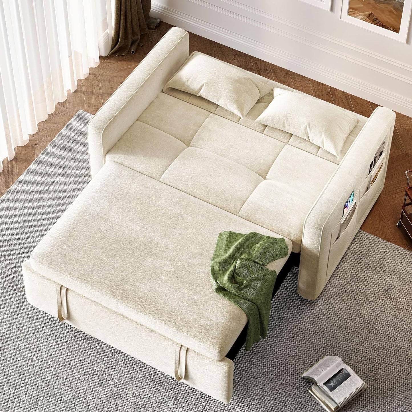 3-in-1 Convertible Sofa Bed, 55" Sleeper Sofa with Pull-Out Bed, Cat-Scratch-Proof Fabric Futon Couch with Adjustable Backrest and Side Pocket, Loveseat for Living Room Apartment, Grey