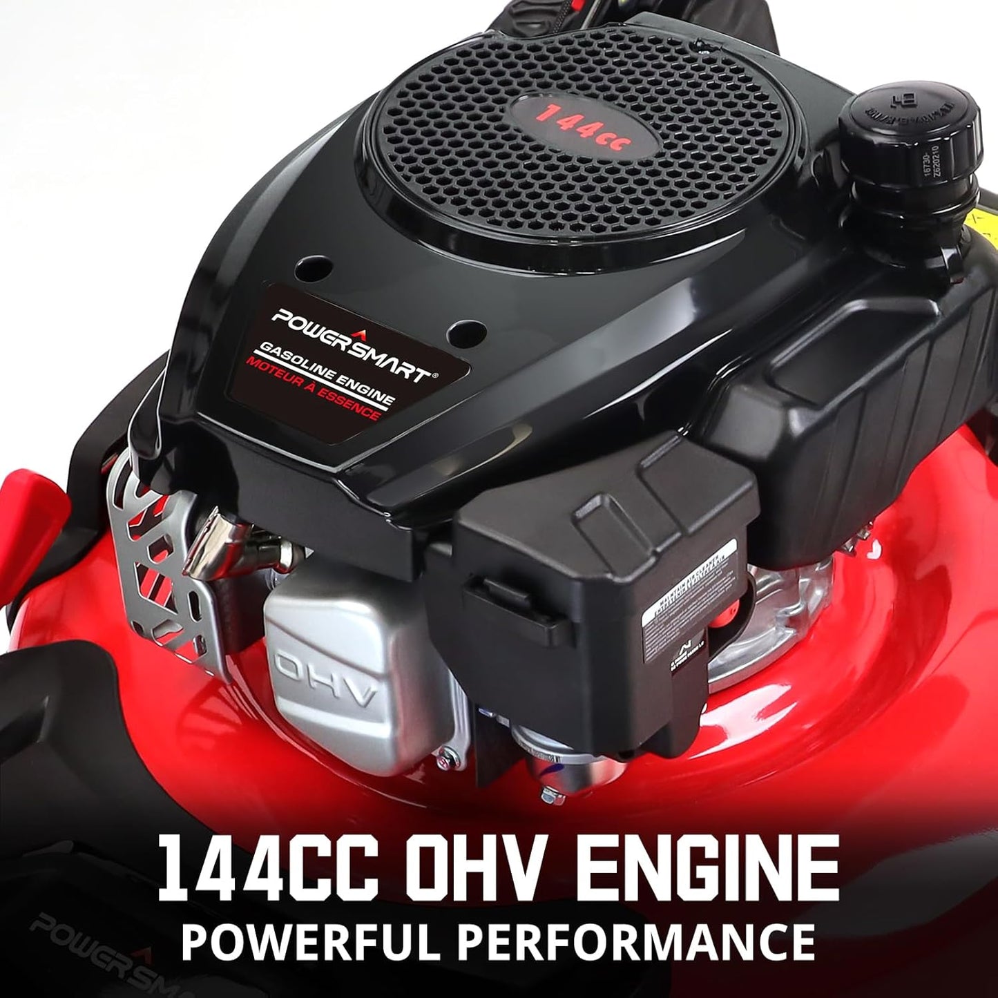 21-inch gas-powered lawn mower, equipped with a 144cc four-stroke all-terrain engine, featuring both crushing and side-discharge functions, with adjustable cutting height ranging from 6 positions.