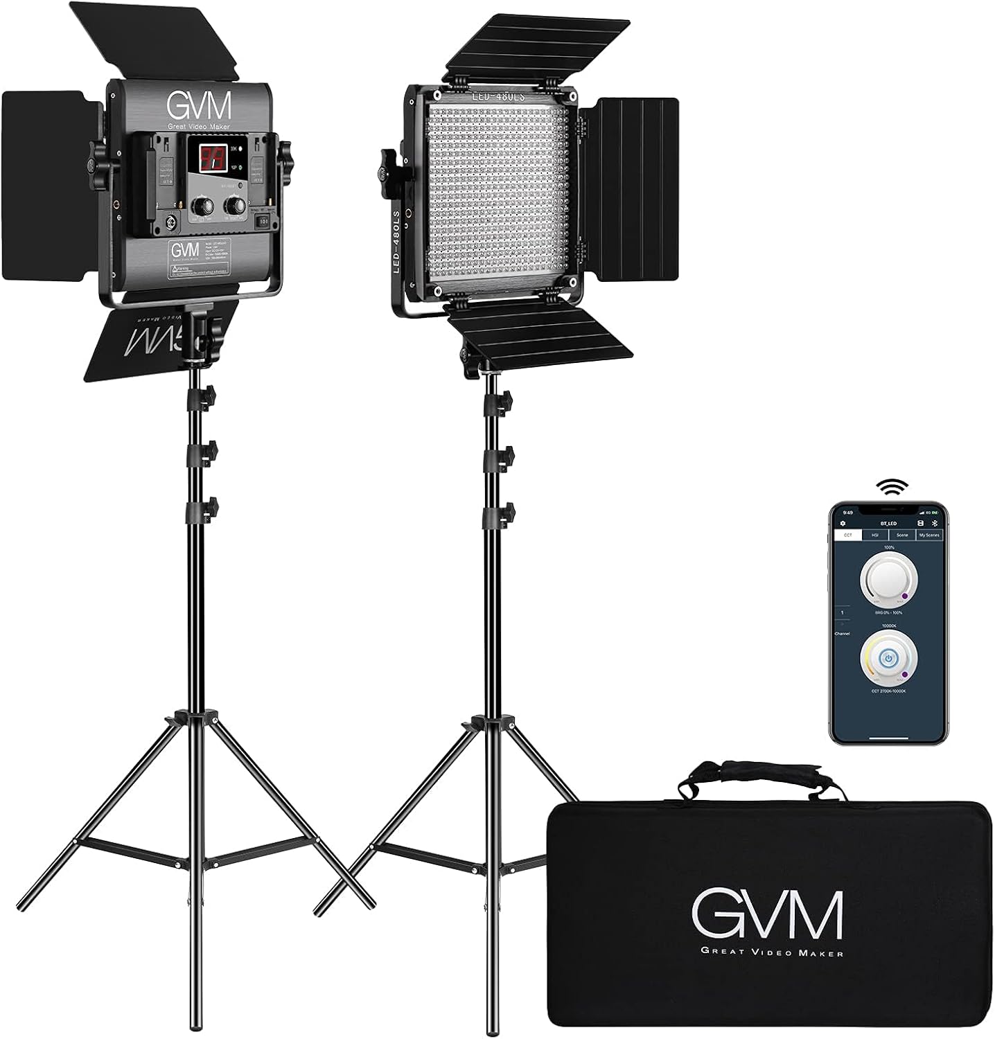 2 Pack LED Video Lighting Kits with APP Control, Bi-Color Variable 2300K~6800K with Digital Display Brightness of 10~100% for Video Photography, CRI97+ TLCI97 Led Video Light Panel +Barndoor