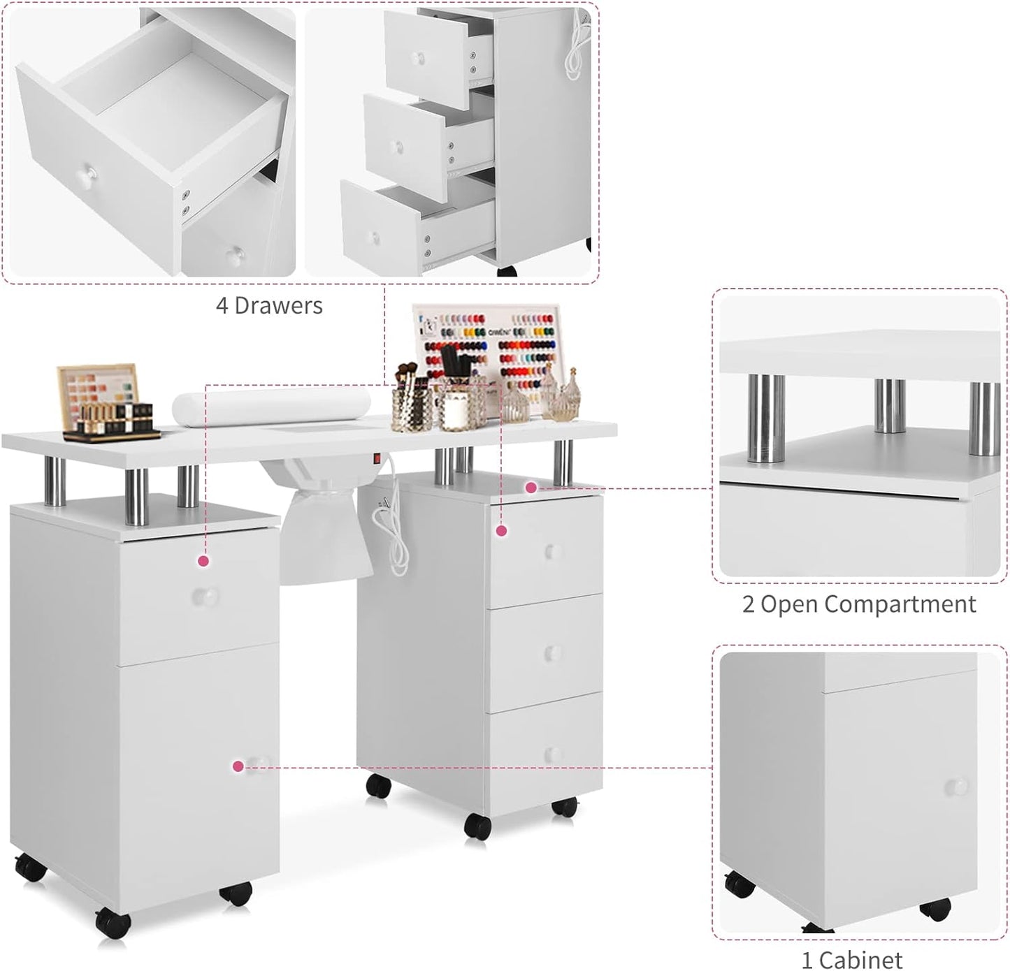 Manicure Table Nail Desk for Nail Tech w/Electric Dust Collector & Wrist Rest, Acetone Resistant Top Beauty Salon Nail Supplies Decor Station w/Lockable Wheels, Cabinet, Drawer (White)