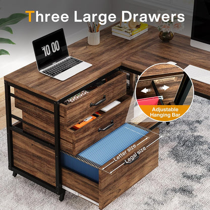 L-Shaped Computer Desk with 3 Drawers, Reversible Corner Home Office Desk with Shelves, 53-Inch Industrial PC Desk Study Writing Table Workstation for Small Space, Rustic Brown