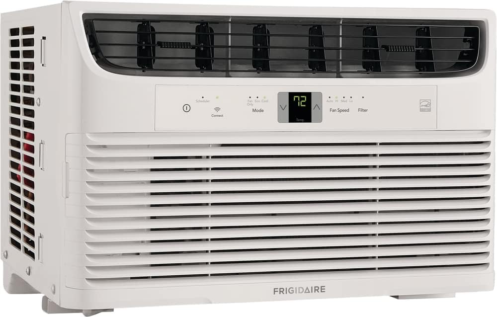 5000-watt window air conditioner, with a cooling area of 250 square feet, operates quietly, has easy and convenient temperature adjustment, 2 fan speeds, automatic restart function, and a white appearance