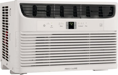 5000-watt window air conditioner, with a cooling area of 250 square feet, operates quietly, has easy and convenient temperature adjustment, 2 fan speeds, automatic restart function, and a white appearance