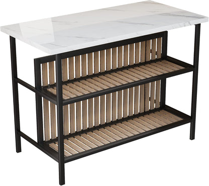 Kitchen Island with Seating & Storage Shelf, Faux Marble Island Table for Kitchen, Modern Bar Table and Chairs Set for 2,Dining Table Set for Small Space,White