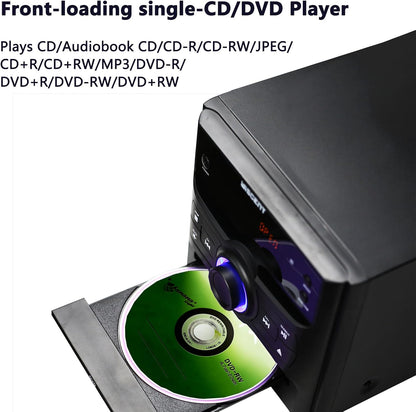 Bluetooth Stereo System, CD Player, Wireless Streaming, MP3, USB, Audio in, FM Radio, 30W, Micro Sound System