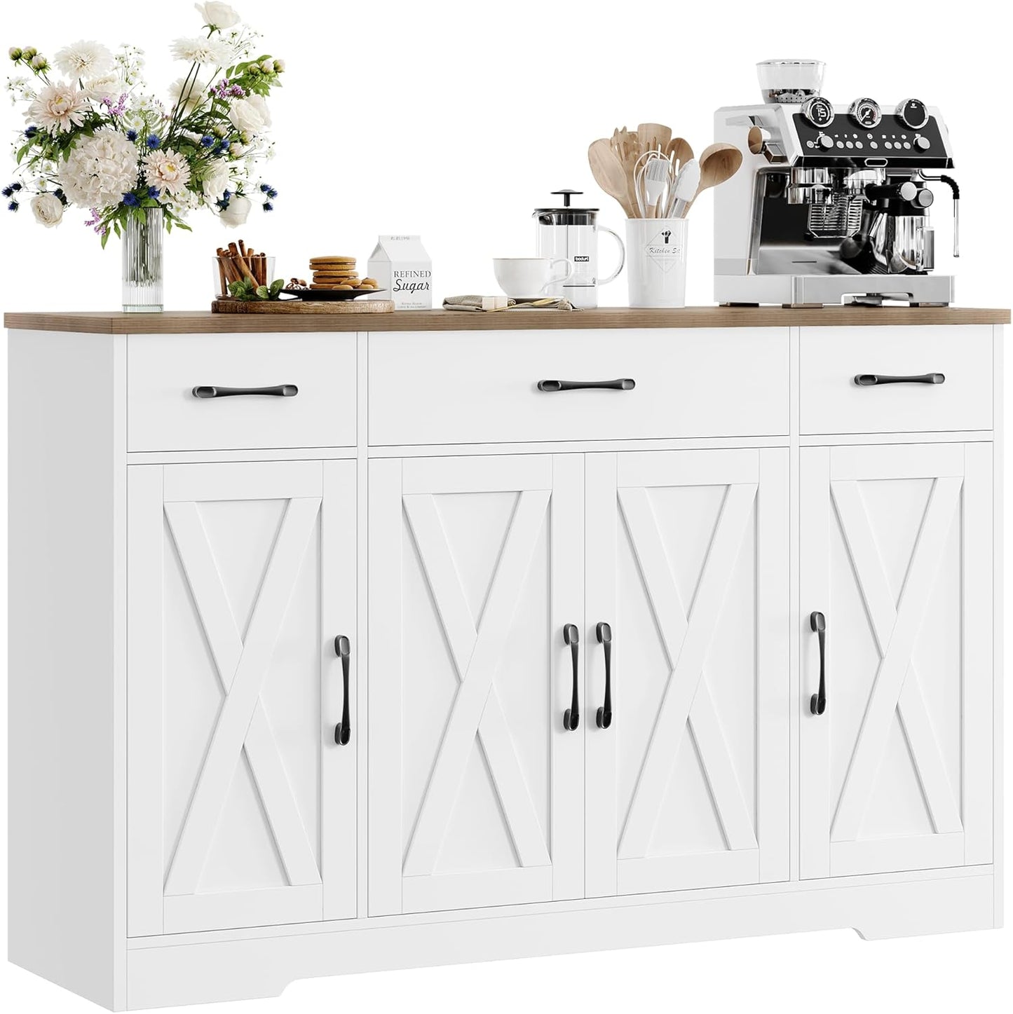 Drawer-equipped buffet-style cabinet, 55-inch large side cabinet-style storage unit with shelves and 4 doors, modern country-style coffee bar-style cabinet, wooden kitchen and dining room storage unit, white/rustic style