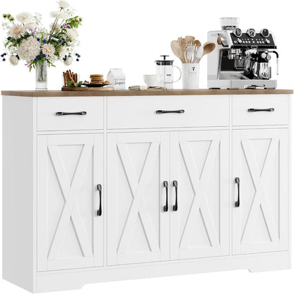 Drawer-equipped buffet-style cabinet, 55-inch large side cabinet-style storage unit with shelves and 4 doors, modern country-style coffee bar-style cabinet, wooden kitchen and dining room storage unit, white/rustic style