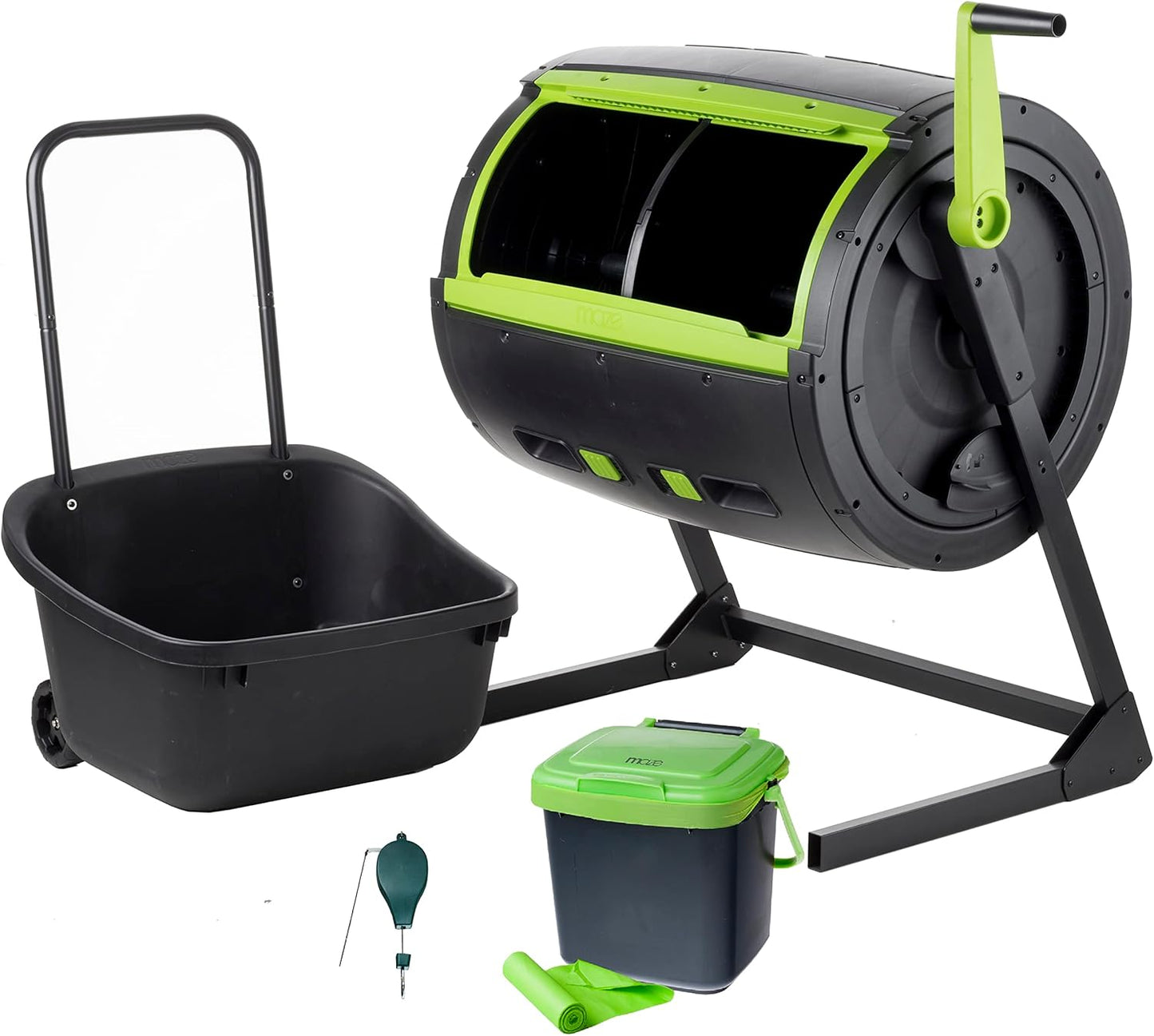Two 65-gallon two-stage composting drums, equipped with large double doors and an open frame, are also provided along with a maze-style compost cart, a 1.85-gallon kitchen trolley-style compost bin, three rolls of corn bags, and a retractable plant t