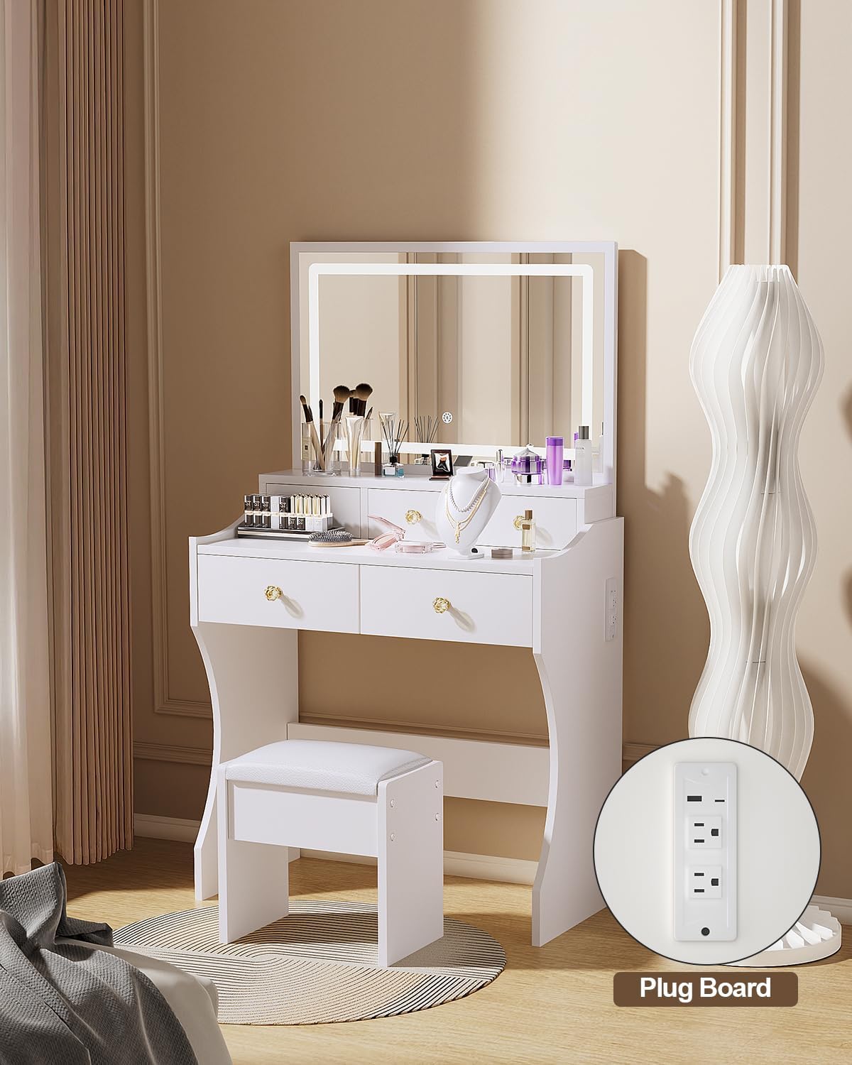 Makeup Table with Extra Large Mirror and Lights, 80cm Dressing Table with Stool