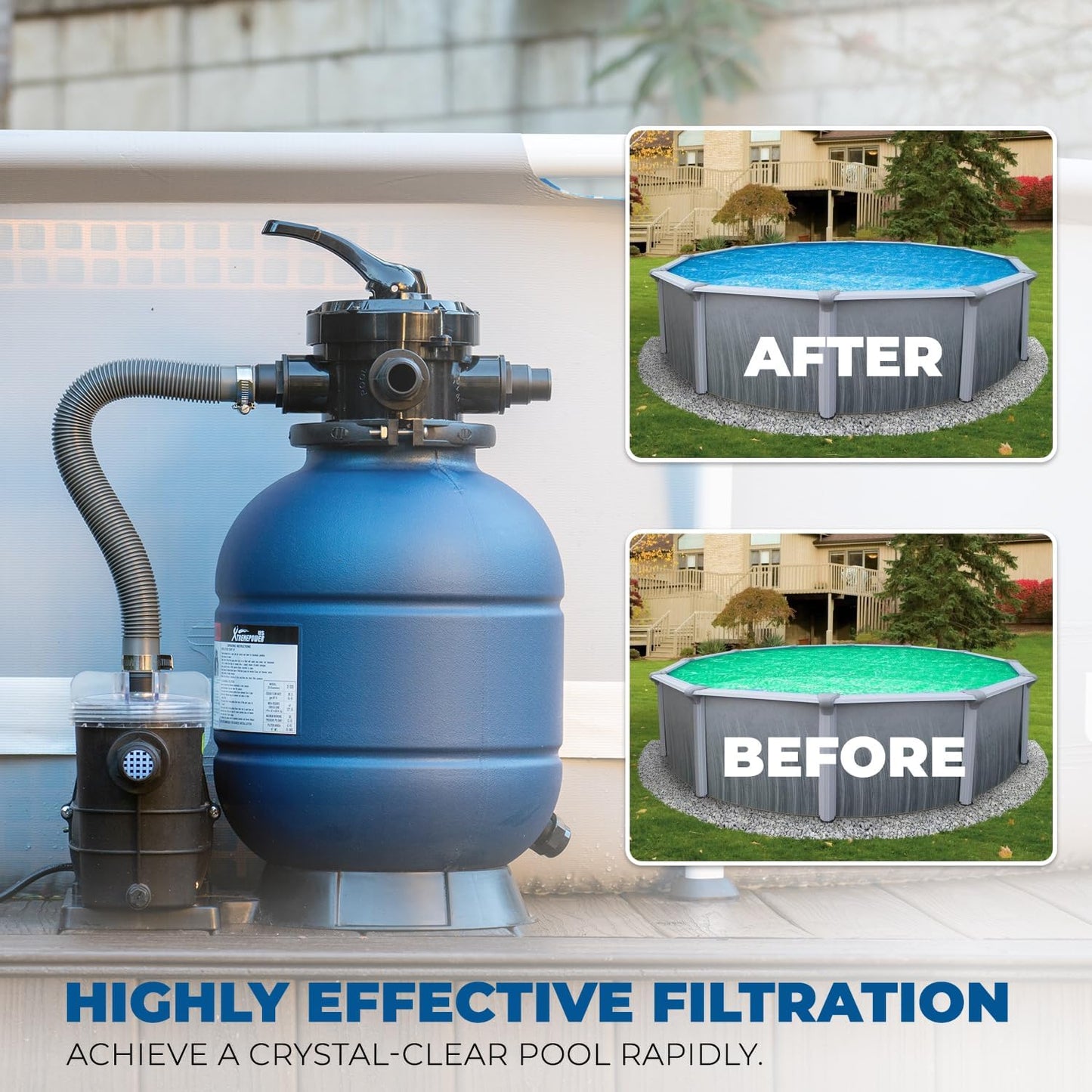 13-inch sand filter, 0.75 horsepower, swimming pool pump, 2400 gallons per hour, suitable for outdoor swimming pool package, multi-interface valve, maximum capacity 10000 gallons, 1-1/4 inch NPT interface