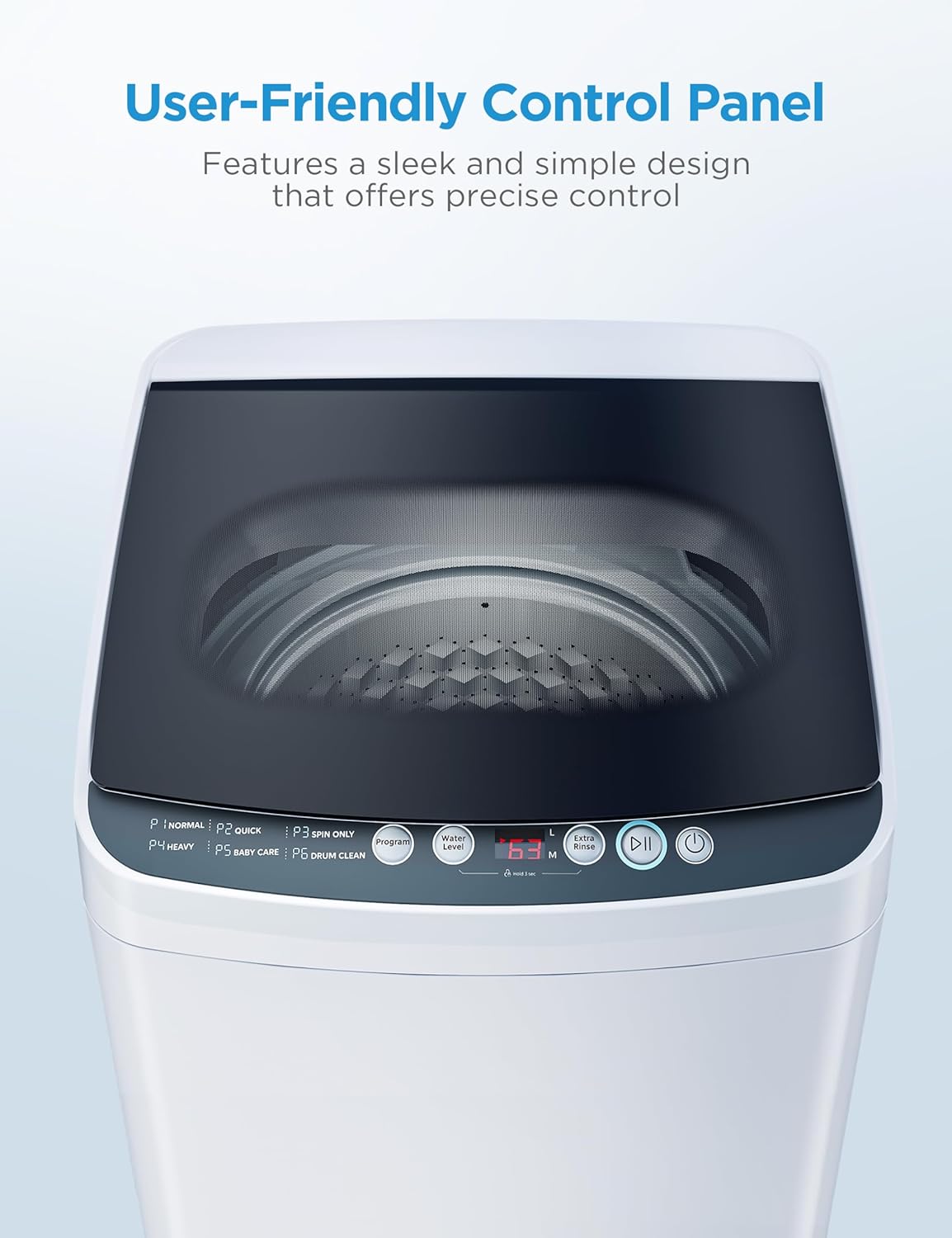 Portable Washer with 6 Cycles, Drum Clean, Quick, Stainless Steel Tub, Transparent Lid, LED Display Washing Machine, White