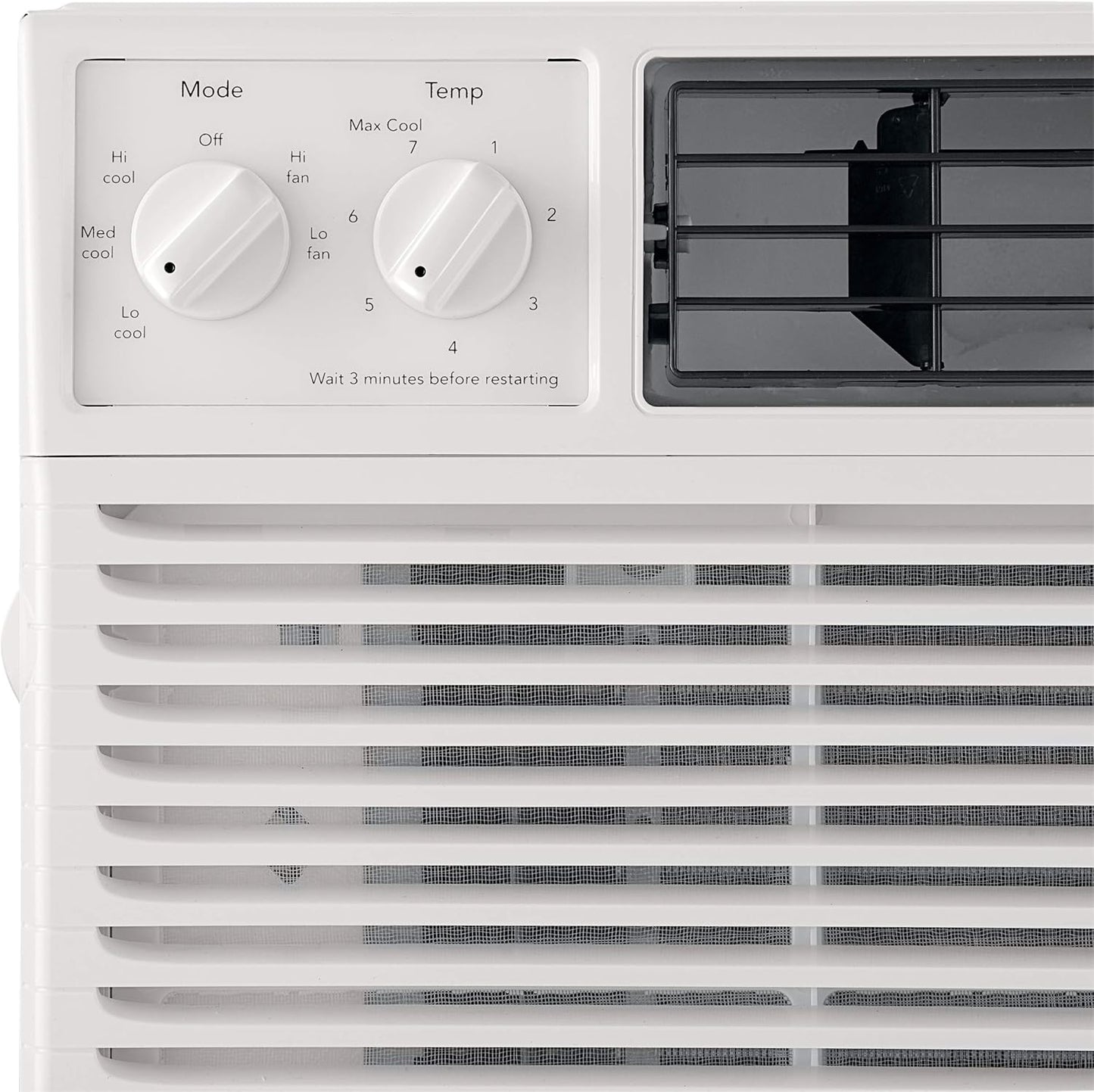5000-watt window air conditioner, with a cooling area of 250 square feet, operates quietly, has easy and convenient temperature adjustment, 2 fan speeds, automatic restart function, and a white appearance