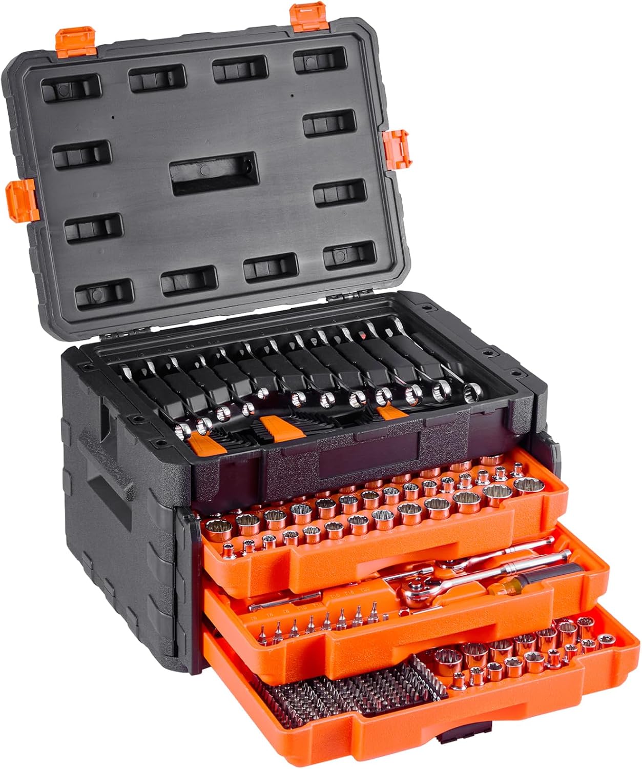Mechanical tool kits and socket sets, consisting of 450 pieces, available in sizes of 1/4 inch, 3/8 inch and 1/2 inch, deep and standard socket types, conforming to the standards of the American Society of Automotive Engineers, with American metric m
