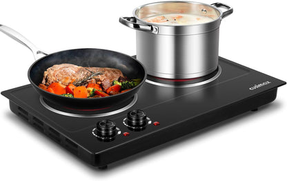 Hot Plate,1800W Ceramic Electric Hot Plate for Cooking, Dual Control Infrared Cooktop, Portable Countertop Burner, Glass Plate Electric Cooktop, Silver, Stainless Steel