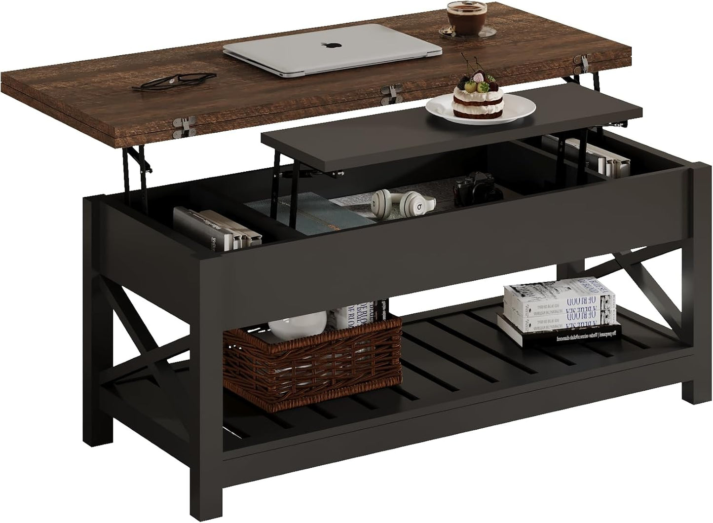 Multi-Function Convertible Coffee Table with Storage and Hidden Compartment, Converts to Dining Table, 40 White & Brown