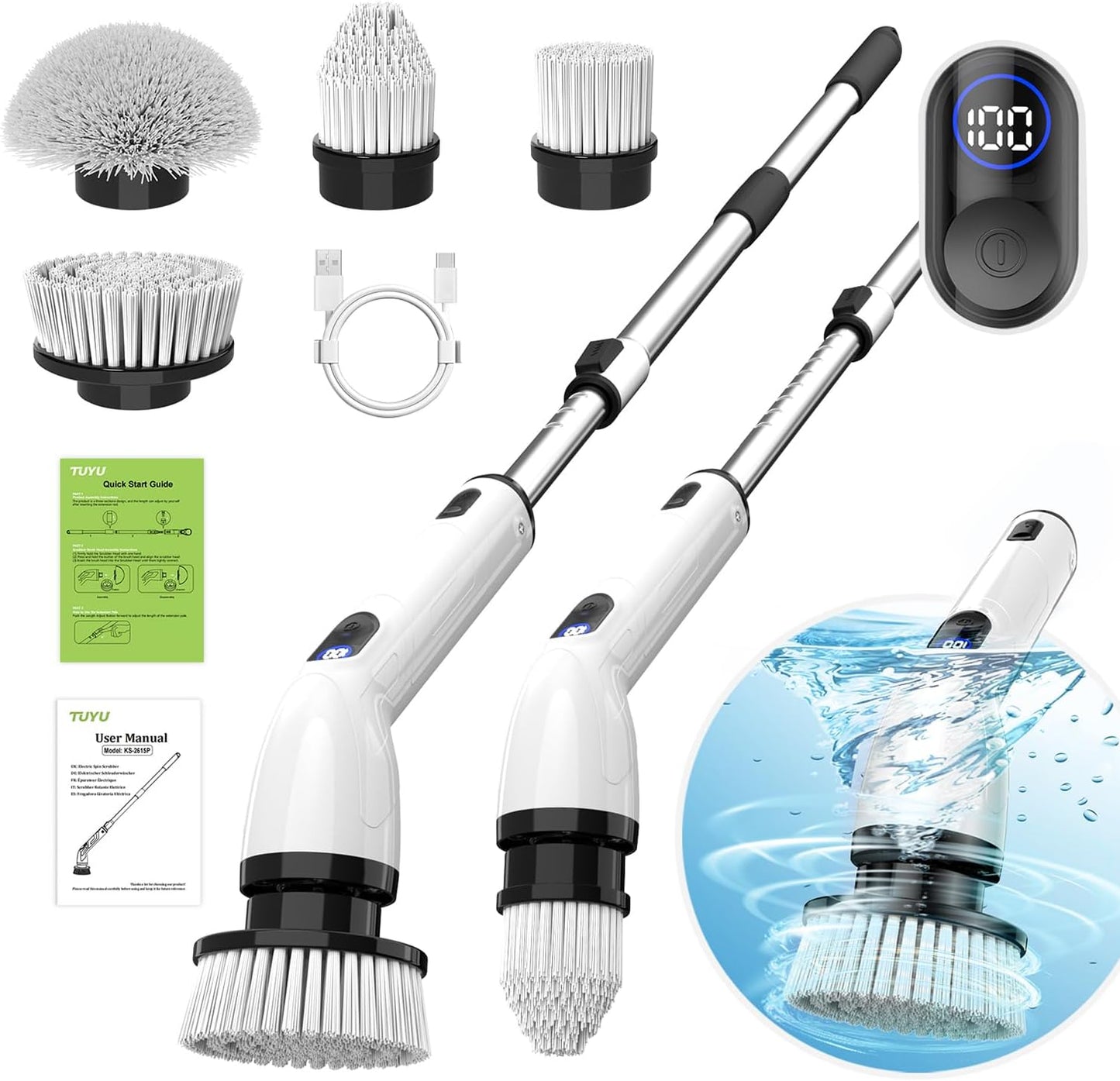 Electric Spin Scrubber, Full-Body IPX7 Waterproof Bathroom Scrubber with Power LCD Display, Adjustable Extension Handle, Cordless Shower Cleaner Brush for Bathtub Kitchen Wall Cleaning