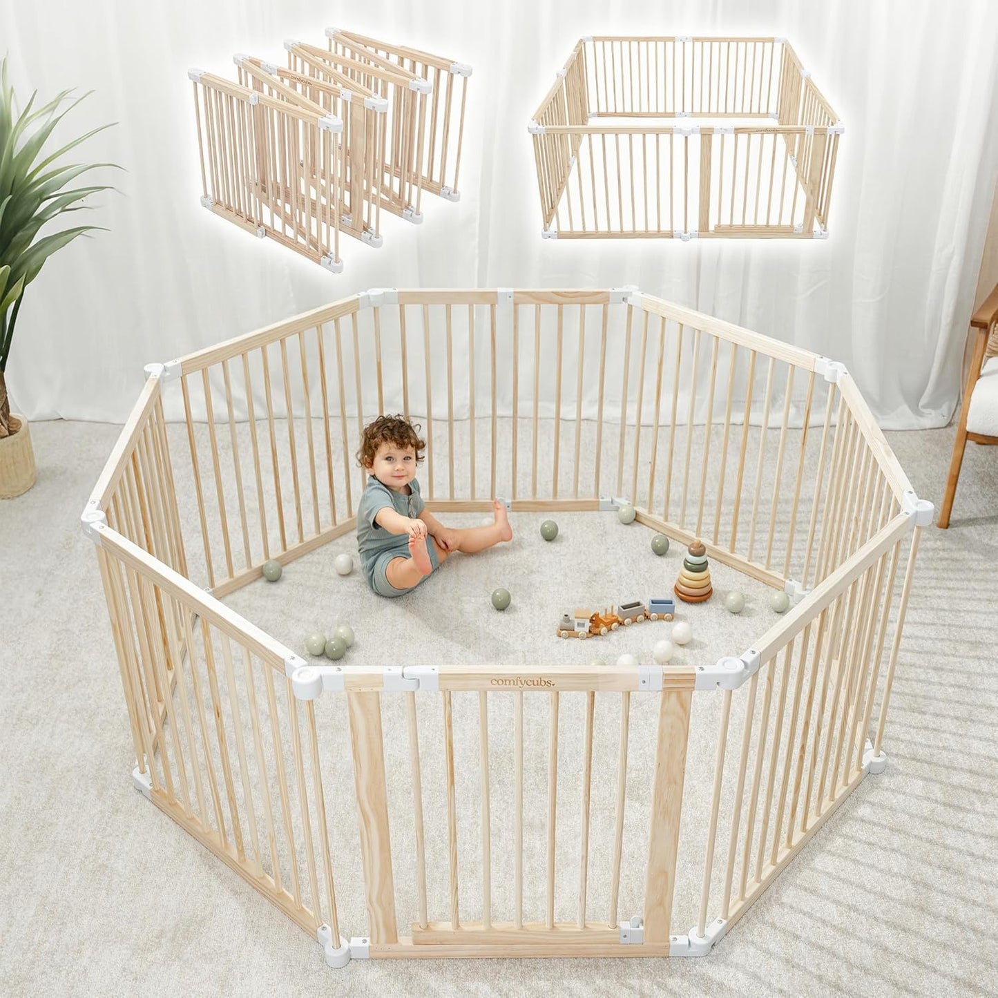 Baby Playpen & Gate - 144 x 144 x 63 cm, Extends Up to 579 cm - Pine Wood Foldable Playpen with Child-Proof Lock - Safe Play Fence Easy Assembly Baby Play Yard - Light Wood White