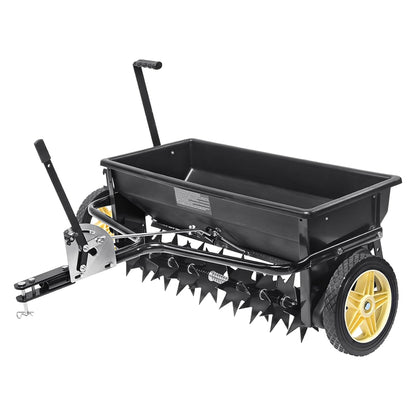 Broadcast seeder, 100-pound tractor-mounted rear polyethylene seeder with 10-inch wheels, equipped with a steel spike weeder, fertilizer spreader, garden seeder and salt spreader, suitable for residences, farms, rough terrain, and black pavement.