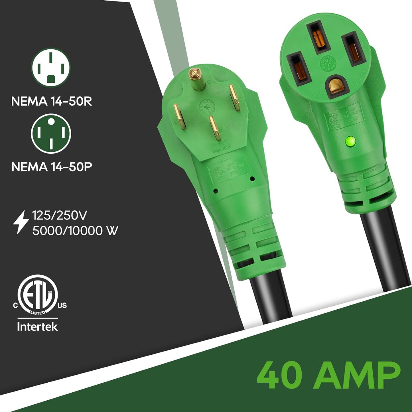 40 Amp 100 Foot RV/EV Extension Cord, NEMA 14-50P/R Heavy Duty Extension Cord with LED Power Indicator and Cord Organizer, Green,