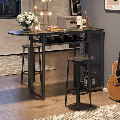 Bar Table and Chair Set, Industrial Expandable Dining Table with 2 Bar Stools, Kitchen Counter with Wine Rack & 3 Tier Adjustable Storage Shelves Rustic Brown