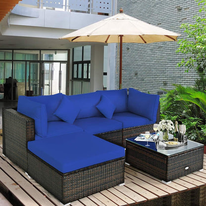5 pieces of outdoor patio furniture, L-shaped rattan three-seater sofa with tempered glass coffee table, footstool, 3 single chairs, rattan outdoor party set, suitable for backyard, porch, balcony, black version