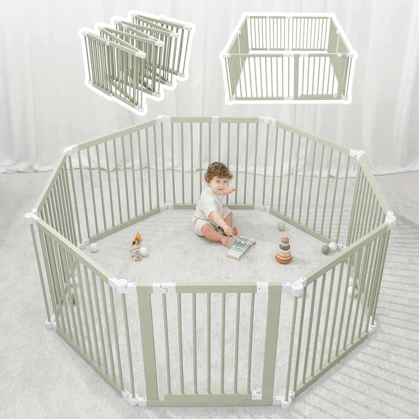 Baby Playpen & Gate - 144 x 144 x 63 cm, Extends Up to 579 cm - Pine Wood Foldable Playpen with Child-Proof Lock - Safe Play Fence Easy Assembly Baby Play Yard - Light Wood White