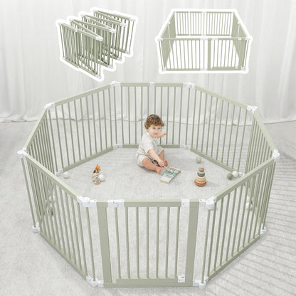 Baby Playpen & Gate - 144 x 144 x 63 cm, Extends Up to 579 cm - Pine Wood Foldable Playpen with Child-Proof Lock - Safe Play Fence Easy Assembly Baby Play Yard - Light Wood White