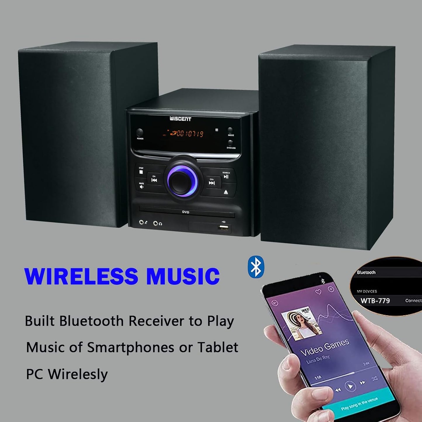 Bluetooth Stereo System, CD Player, Wireless Streaming, MP3, USB, Audio in, FM Radio, 30W, Micro Sound System