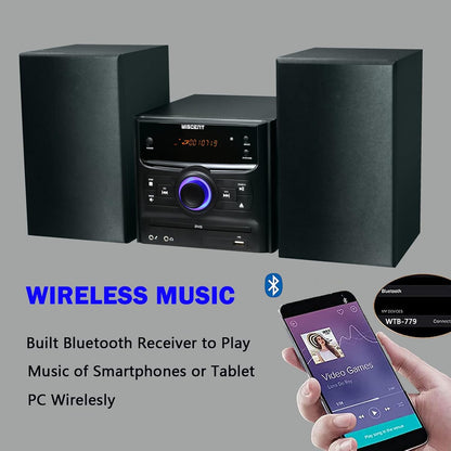 Bluetooth Stereo System, CD Player, Wireless Streaming, MP3, USB, Audio in, FM Radio, 30W, Micro Sound System