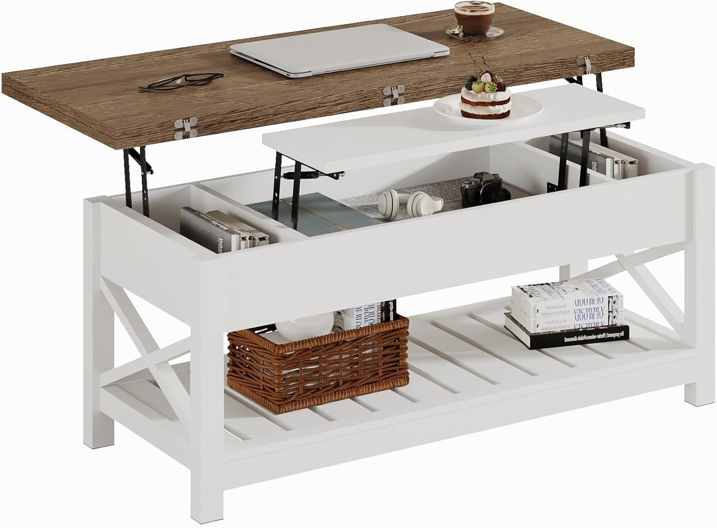 Multi-Function Convertible Coffee Table with Storage and Hidden Compartment, Converts to Dining Table, 40 White & Brown