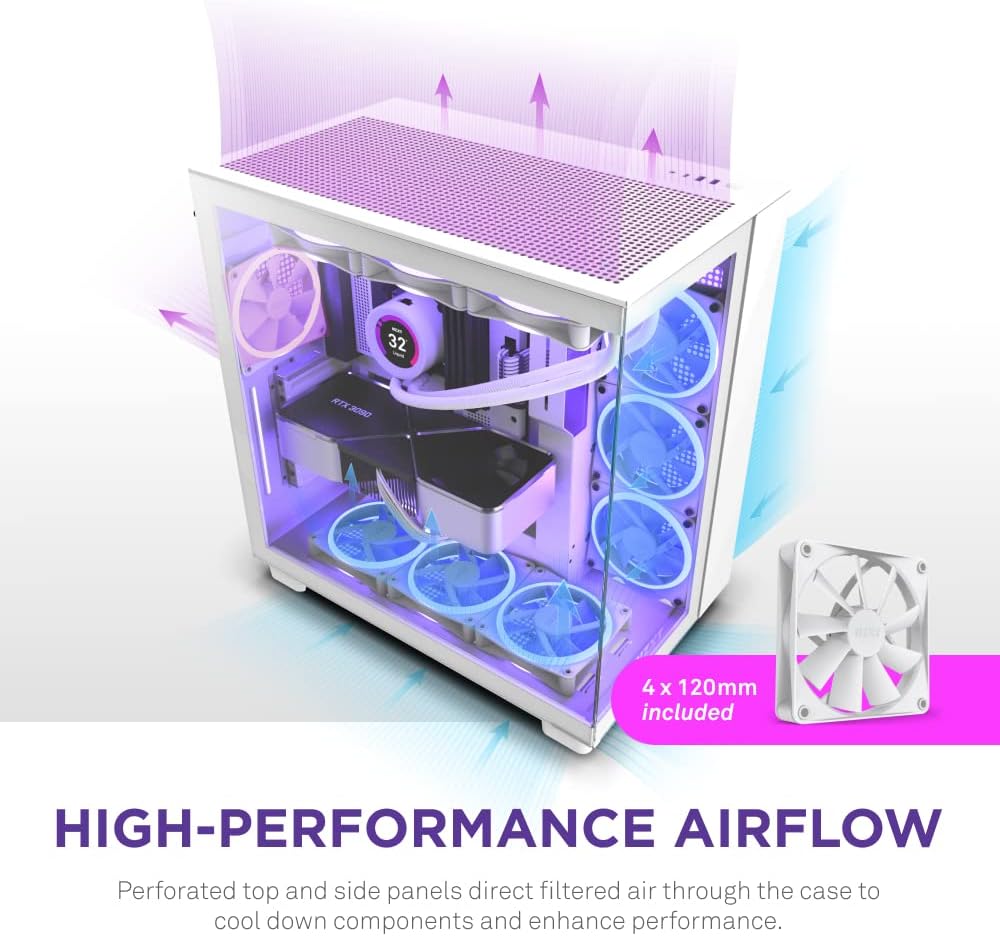 H9 Flow Dual-Chamber ATX Mid-Tower PC Gaming Case – High-Airflow Perforated Top Panel – Tempered Glass Front & Side Panels – 360mm Radiator Support – Cable Management – White