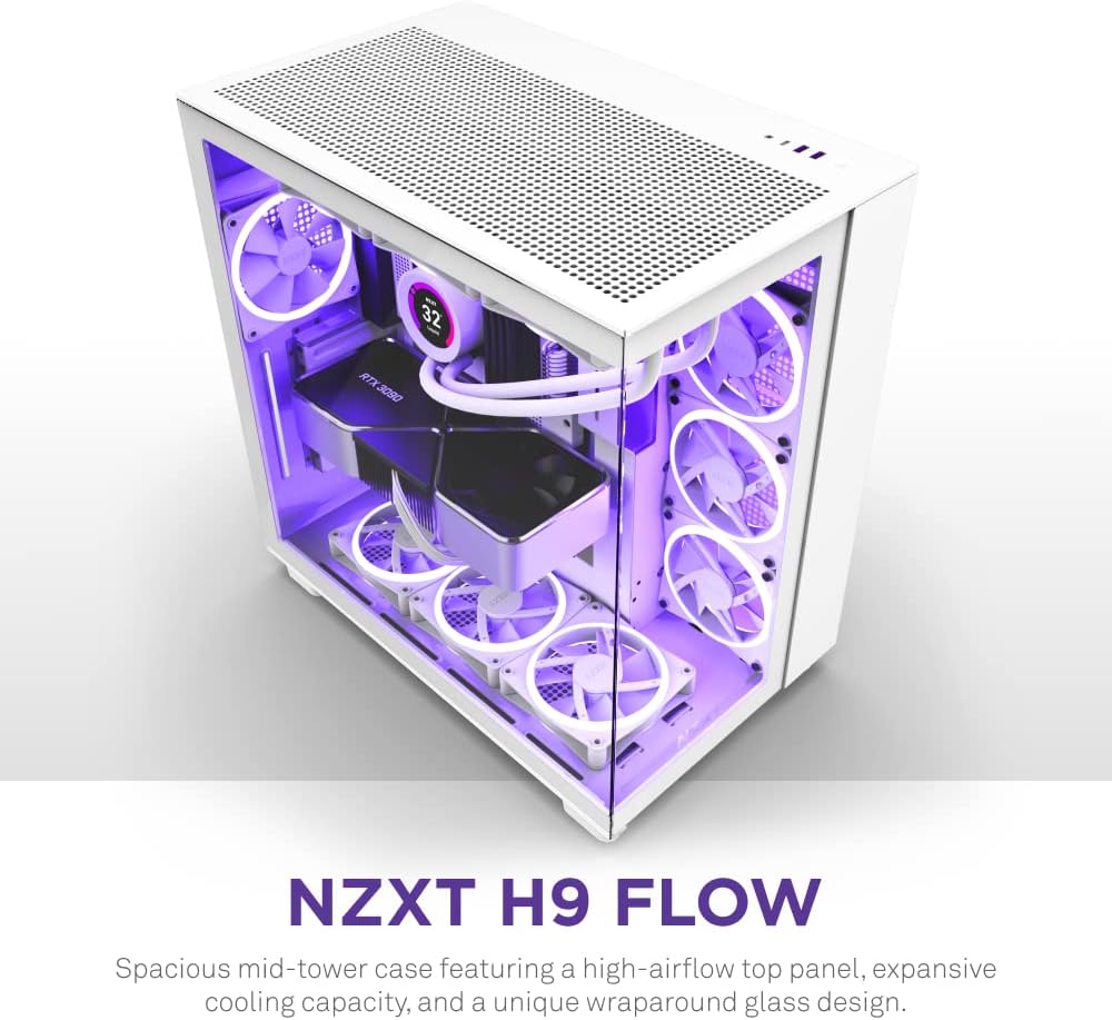 H9 Flow Dual-Chamber ATX Mid-Tower PC Gaming Case – High-Airflow Perforated Top Panel – Tempered Glass Front & Side Panels – 360mm Radiator Support – Cable Management – White