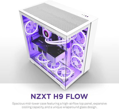 H9 Flow Dual-Chamber ATX Mid-Tower PC Gaming Case – High-Airflow Perforated Top Panel – Tempered Glass Front & Side Panels – 360mm Radiator Support – Cable Management – White