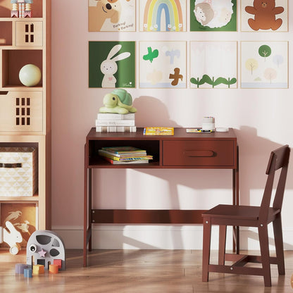 Kids Desk and Chair Set, Wooden Children School Study Table and Chair w/Storage Drawer & Hutch, Student Writing Desk Computer Workstation for Bedroom, Gift for 3+ Years Old (White)