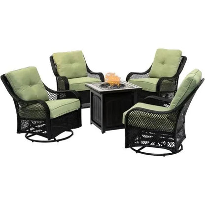 5-Piece Steel Patio Fire Pit Conversation Set with Navy Blue Cushions, Swivel Gliders and Square Fire Pit Table
