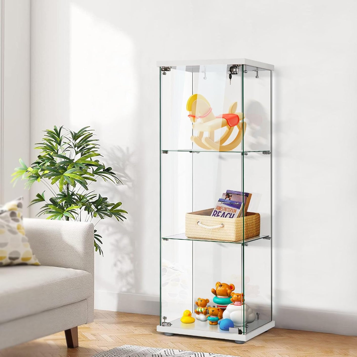 4 Layers 15.7''W x 15.7''D x 62.6''H Glass Display Cabinet Countertop Showcase with Lock, 5mm Tempered Glass 25mm MDF Base