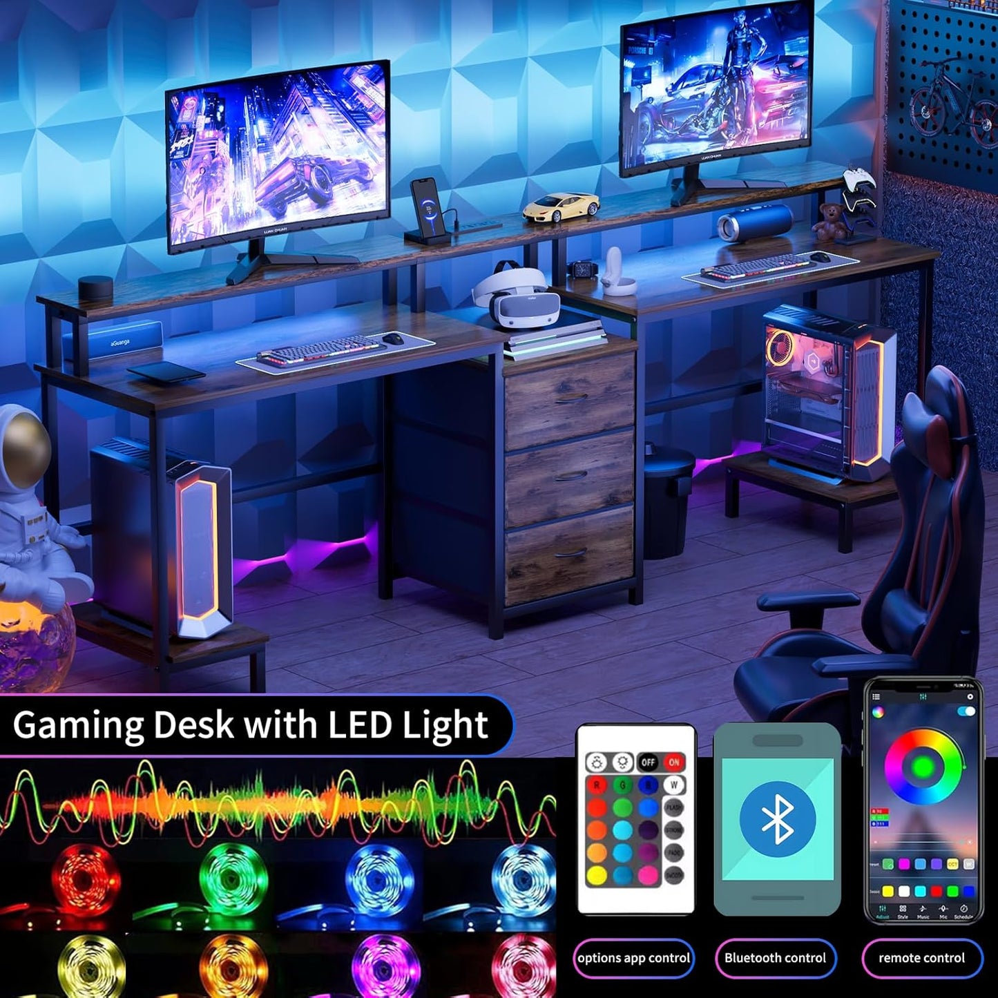 2 Person Desk with LED Lights & Charging Station – Long Desk for 2 with Storage Drawers, Monitor Riser, USB Ports & Outlets – Modern Study Table or Workstation for Home Office
