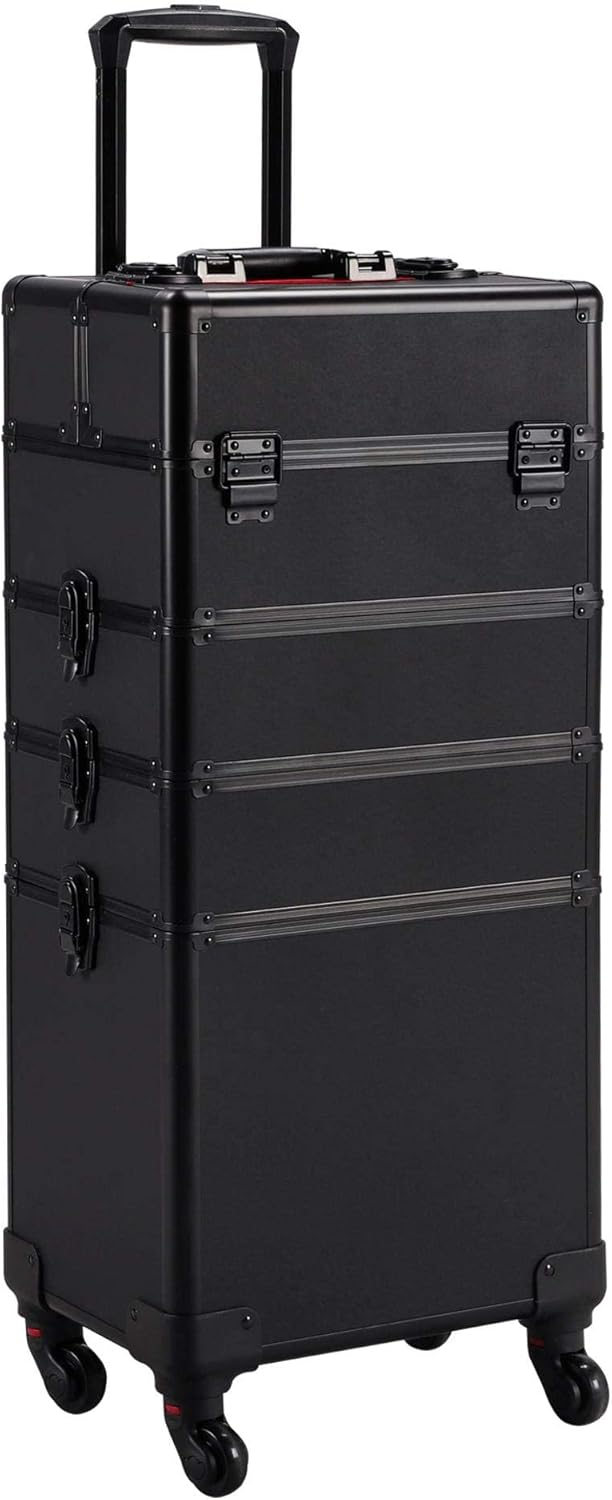 4 in 1 Professional Rolling Aluminum Cosmetic Makeup Train Organizer Storage Case Artist Train Case Salon Beauty Cosmetic Jewelry Organizer Trolley with 4 Wheels (All Black)
