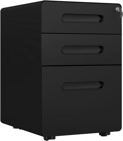 3 Drawer Vertical Filing Cabinet with Lock and Wheels, Under Desk Mobile File Cabinet for Legal, A4, Letter Size, Steel Frame for Home Office, Black