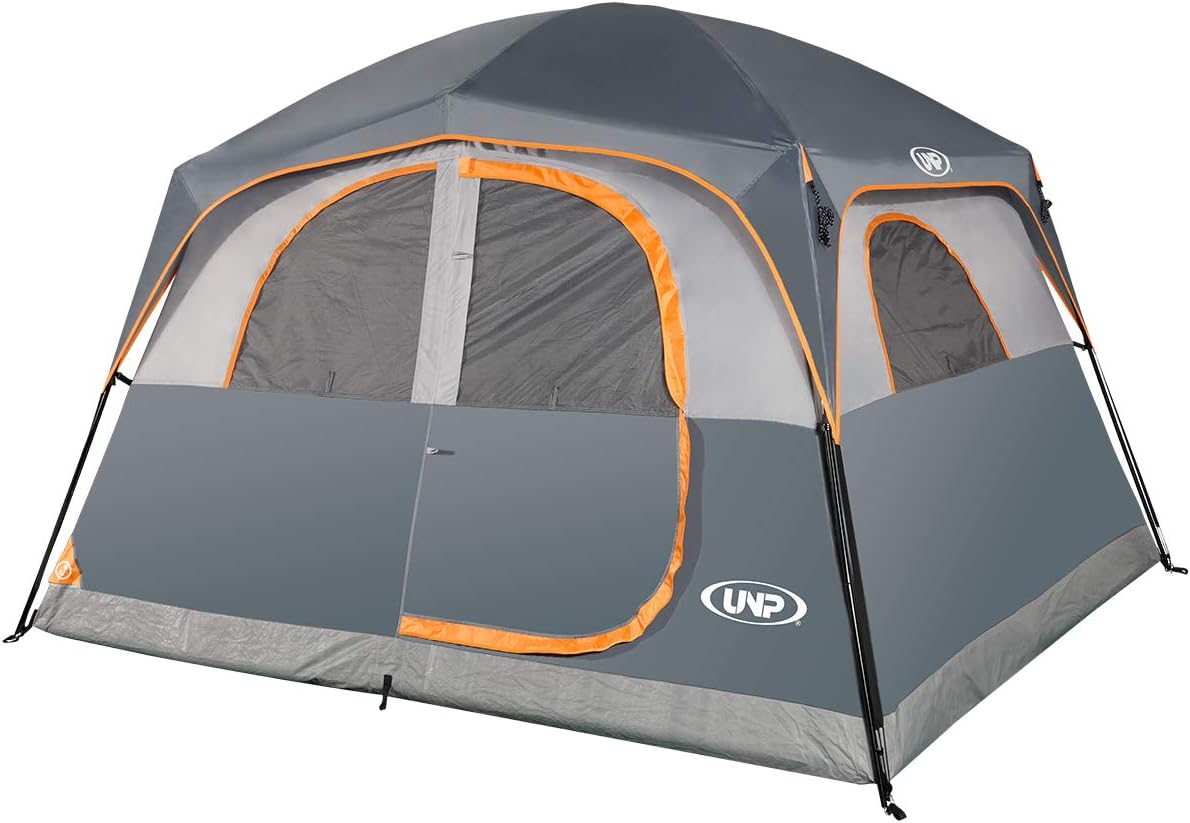 A 6-person waterproof and windproof portable family camping tent, with a double-layer structure, equipped with 1 mesh door and 5 large mesh windows - height of 10 feet × 9 feet × 78 inches (unit: inches)