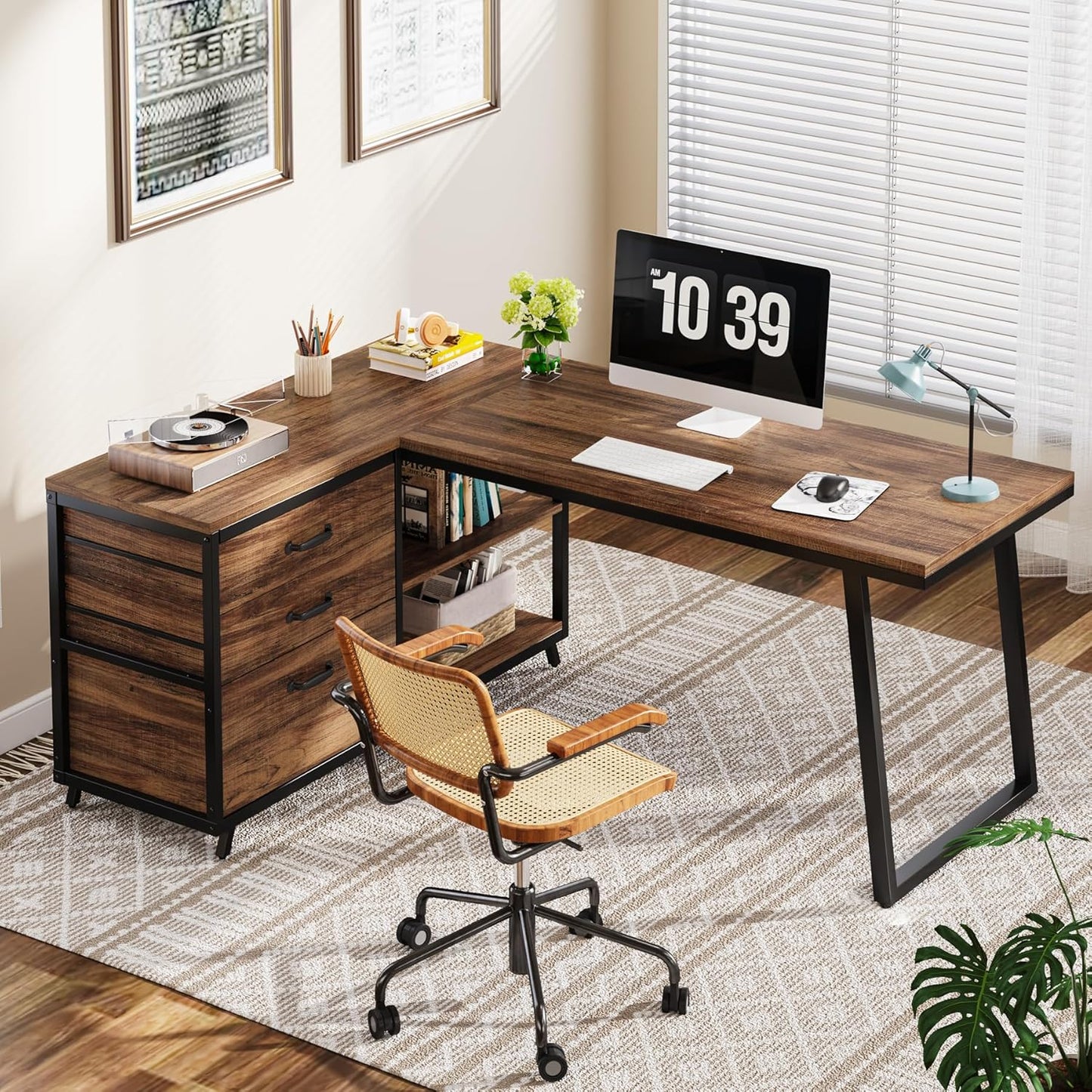 L-Shaped Computer Desk with 3 Drawers, Reversible Corner Home Office Desk with Shelves, 53-Inch Industrial PC Desk Study Writing Table Workstation for Small Space, Rustic Brown