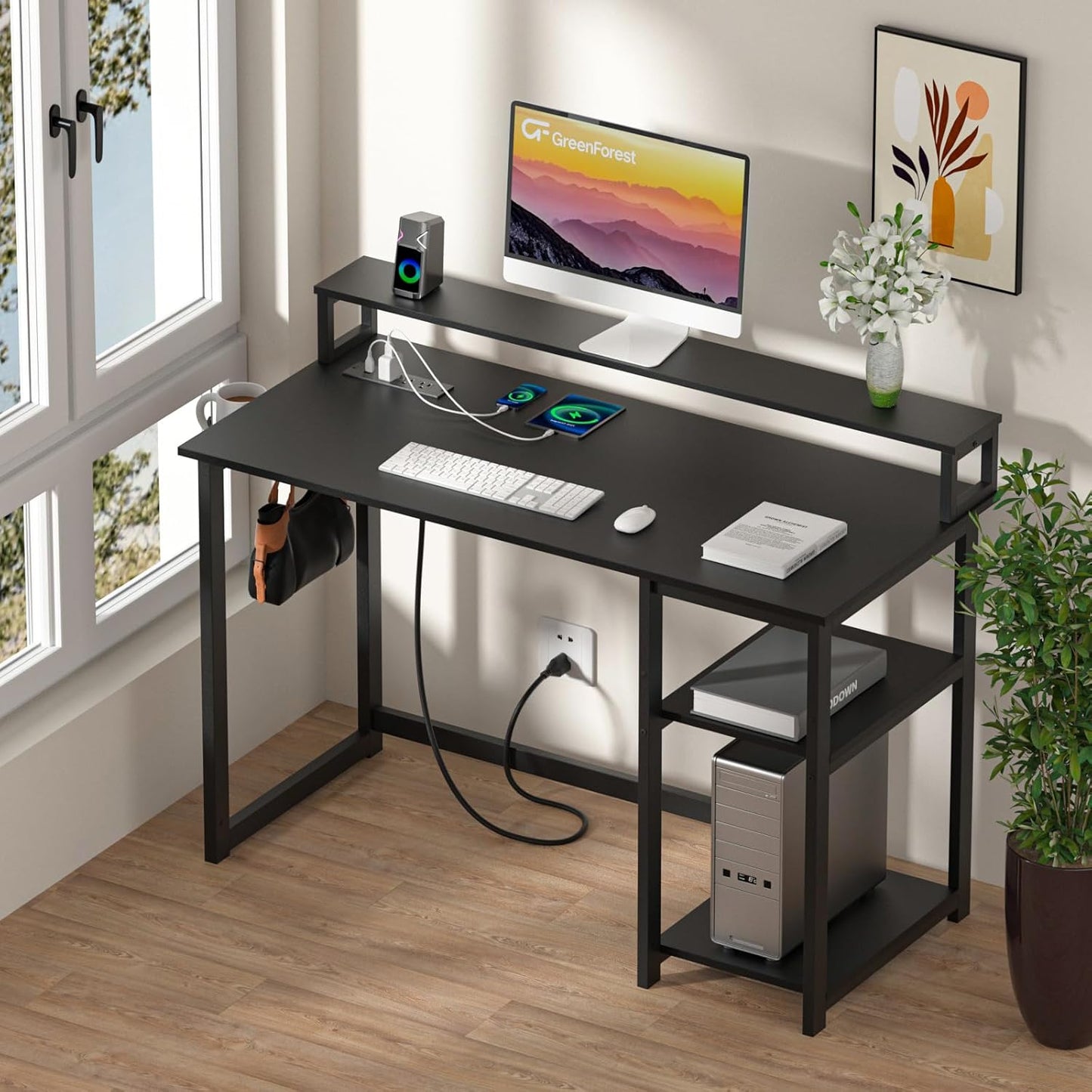 47 inch Computer Desk with Power Outlets, Small Home Office Desk with Ergonomic Monitor Stand, Reversible Gaming Desk, Modern Study Desk, Laptop Desk, White