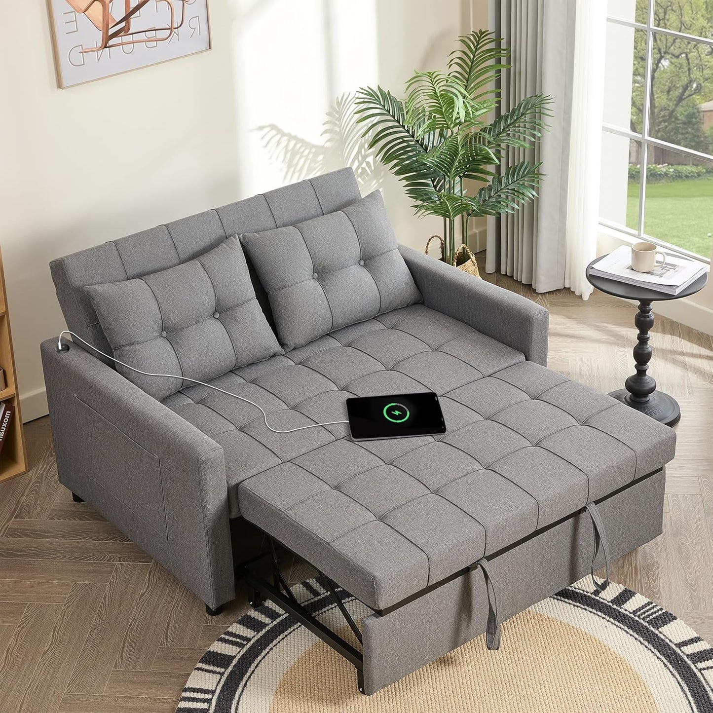 52" Sleeper Sofa with Pull-Out Bed, 3-in-1 Convertible Sofa Bed, Loveseat with Adjustable Backrest and Side Pocket, for Living Room Apartment, Linen, Dark Grey