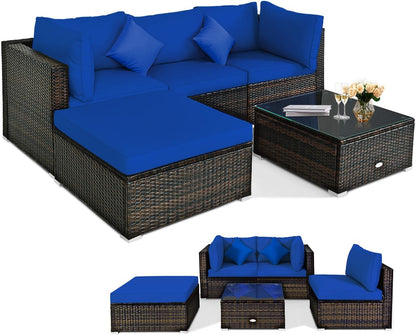 5 pieces of outdoor patio furniture, L-shaped rattan three-seater sofa with tempered glass coffee table, footstool, 3 single chairs, rattan outdoor party set, suitable for backyard, porch, balcony, black version