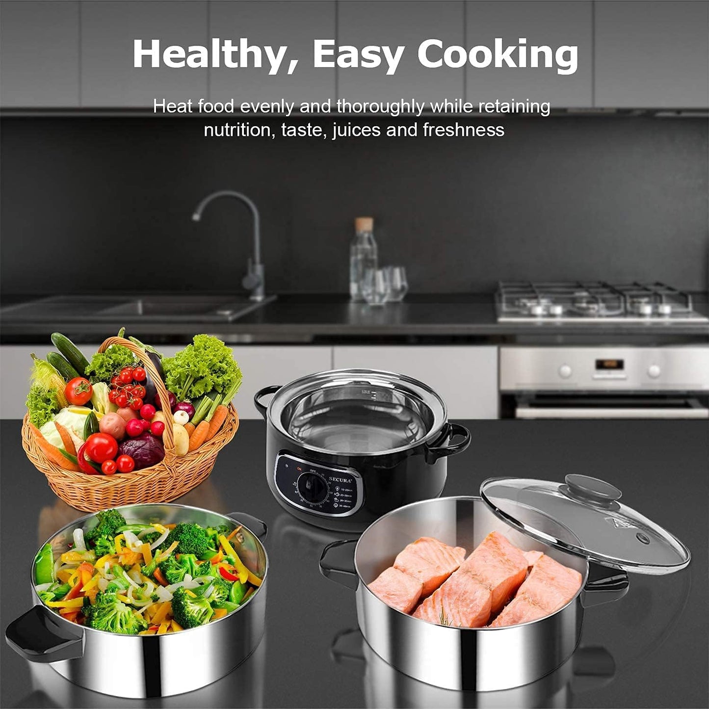 2 stainless steel food steamers, 8.5 liters capacity, electric glass-covered vegetable steamer, double-layer stackable steaming basket, with timer included