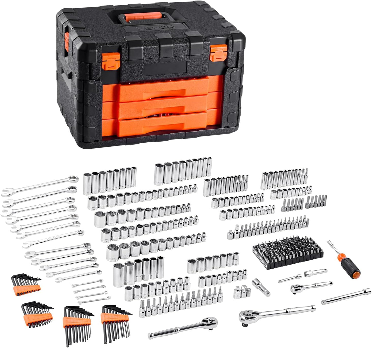 Mechanical tool kits and socket sets, consisting of 450 pieces, available in sizes of 1/4 inch, 3/8 inch and 1/2 inch, deep and standard socket types, conforming to the standards of the American Society of Automotive Engineers, with American metric m