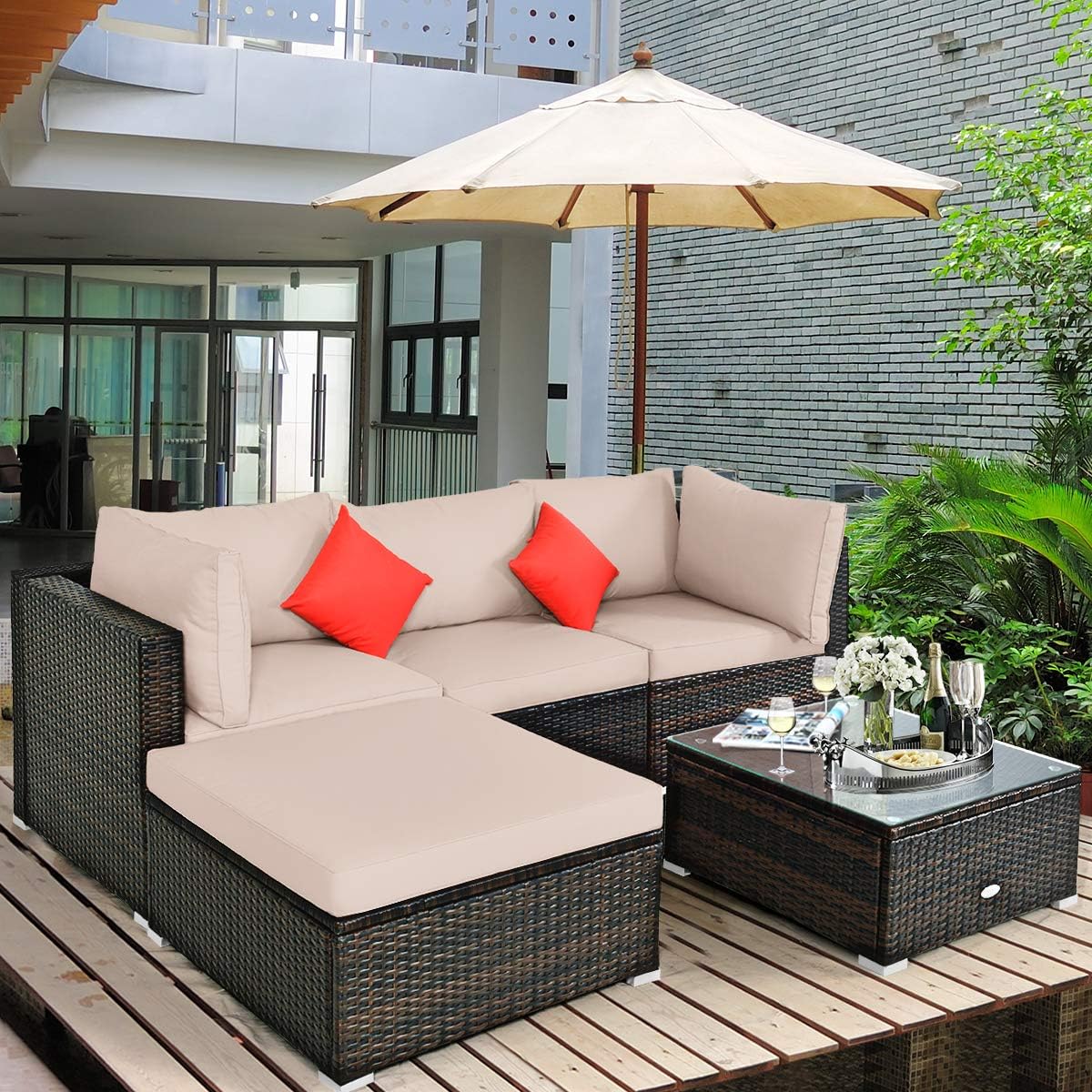 5 pieces of outdoor patio furniture, L-shaped rattan three-seater sofa with tempered glass coffee table, footstool, 3 single chairs, rattan outdoor party set, suitable for backyard, porch, balcony, black version