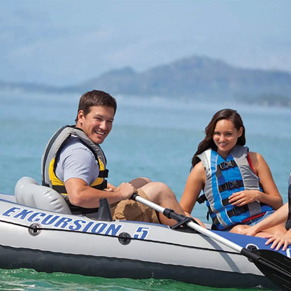Excursion Inflatable Boat Series: Includes Deluxe 54in Boat Oars and High-Output Pump – SuperTough PVC – Adjustable Seats with Backrest – Fishing Rod Holders – Welded Oar Locks